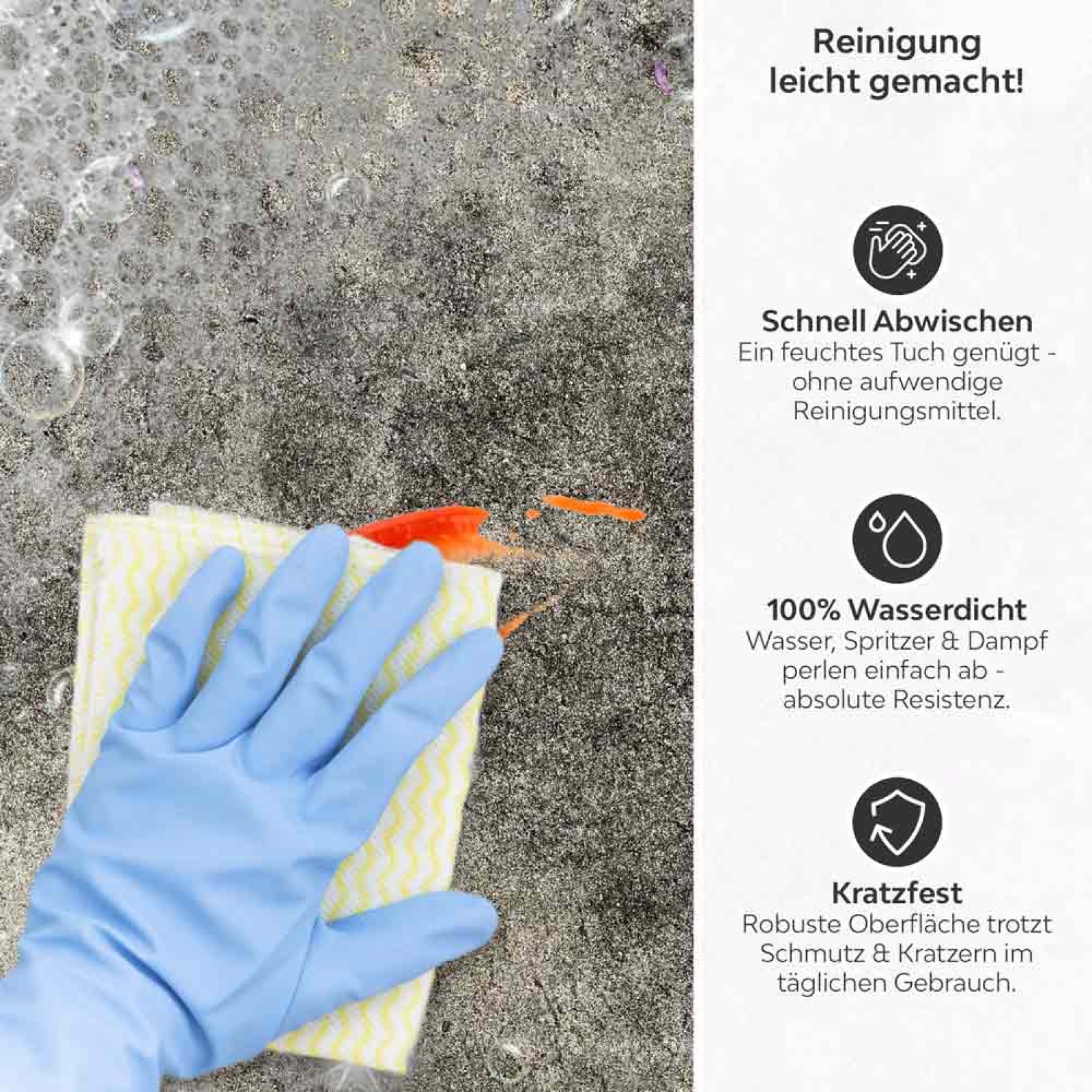 Küchenrückwand Platte Betonwand in Naturtönen Produktdetailbild 3: Reinigung leicht gemacht!