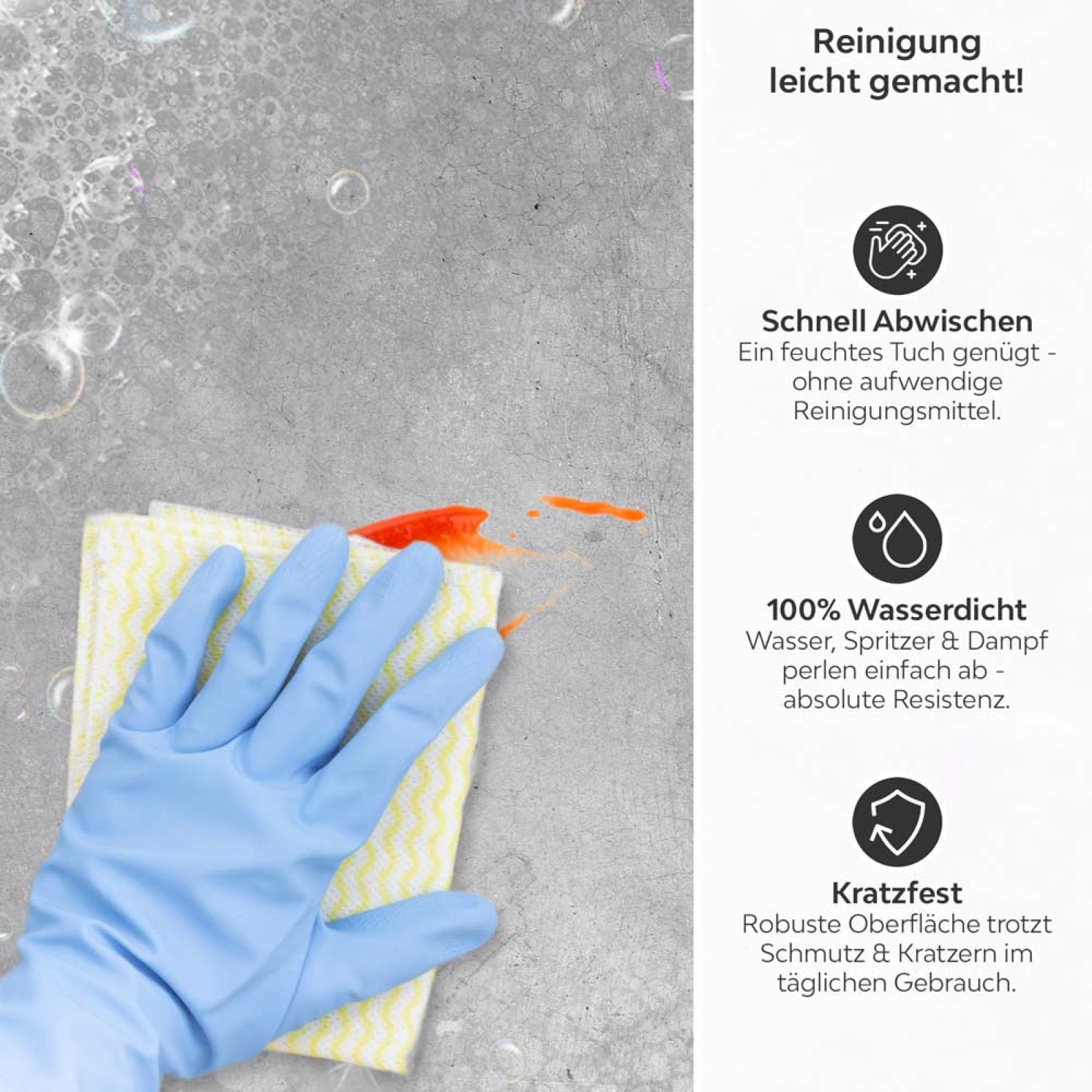 Küchenrückwand Platte Beton Look mit sanften Nuancen Produktdetailbild 3: Reinigung leicht gemacht!