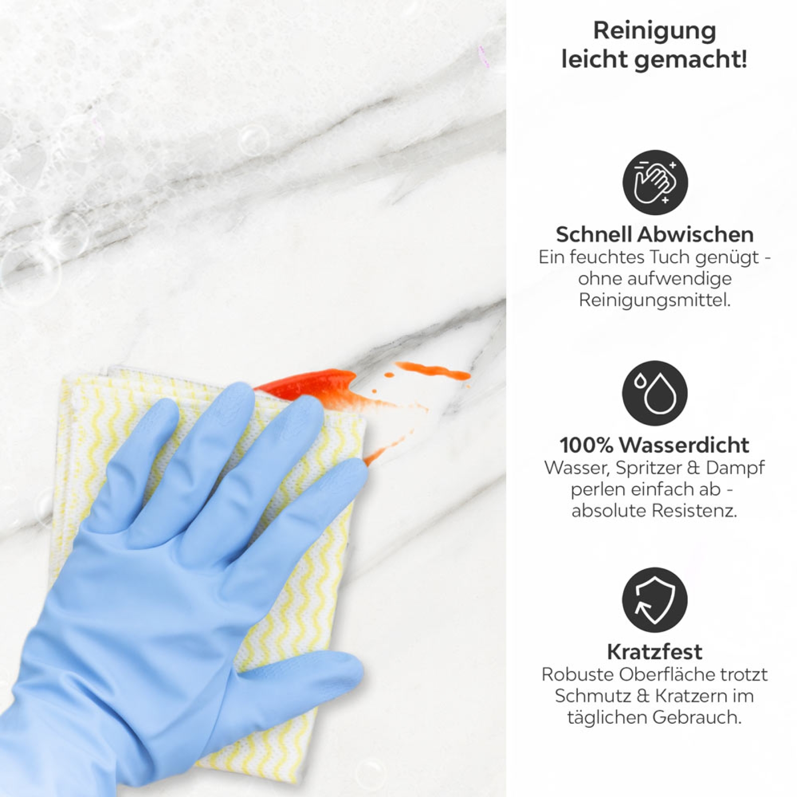 Küchenrückwand Platte Weißer Marmor mit Grauen Adern Produktdetailbild 1: Reinigung leicht gemacht!