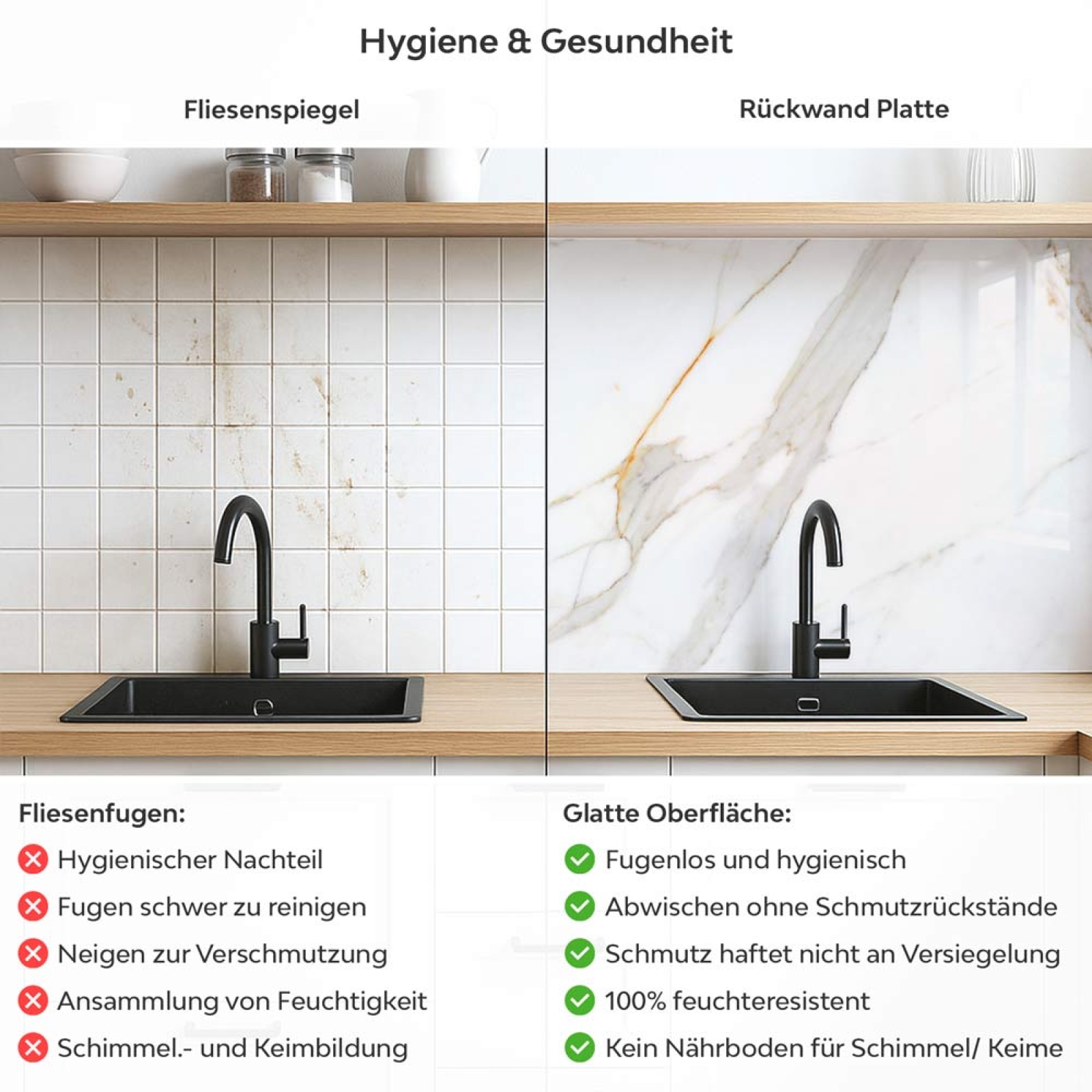 Küchenrückwand Platte Marmoroptik mit Goldakzenten Produktdetailbild: Hygiene und Gesundheit!