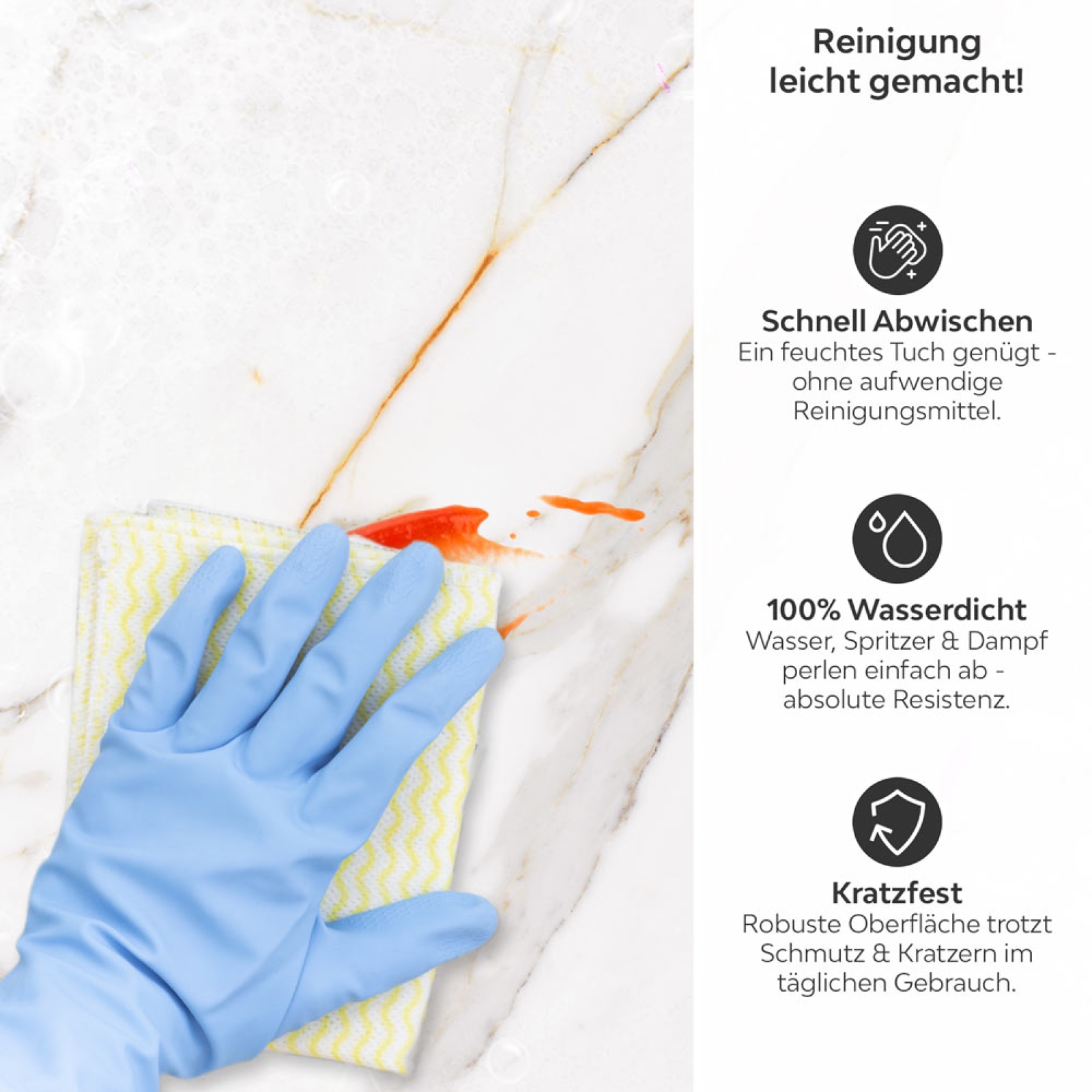 Küchenrückwand Platte Marmoroptik mit Goldakzenten Produktdetailbild: Reinigung leicht gemacht!