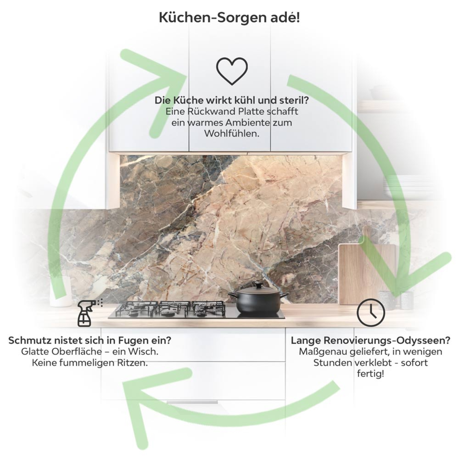 Küchenrückwand Platte Marmor-Struktur in Erdige Töne Produktdetailbild 1: Küchen-Sorgen ade!