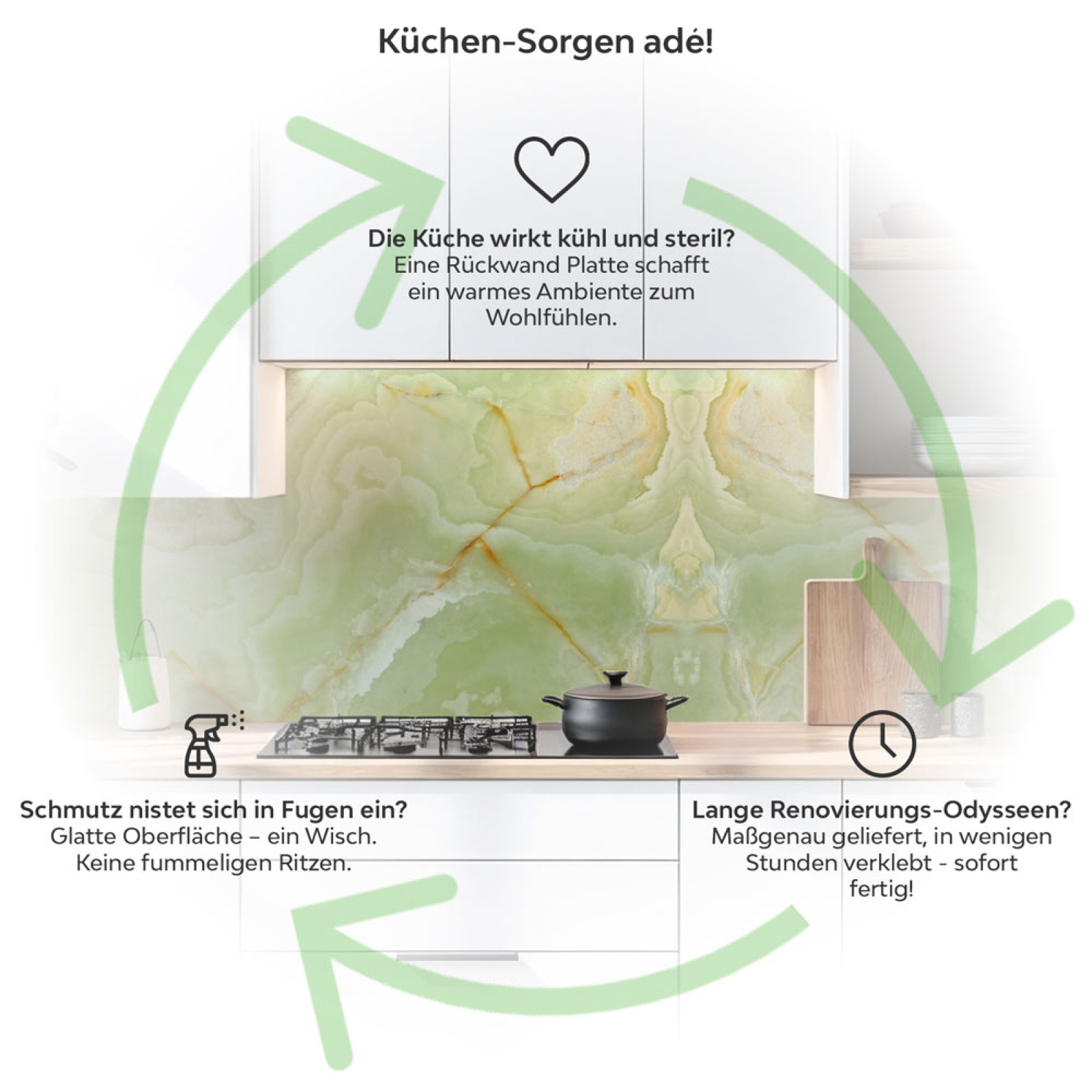 Küchenrückwand Platte Smaragd Grüner Marmoroptik Produktdetailbild 1: Küchen-Sorgen ade!