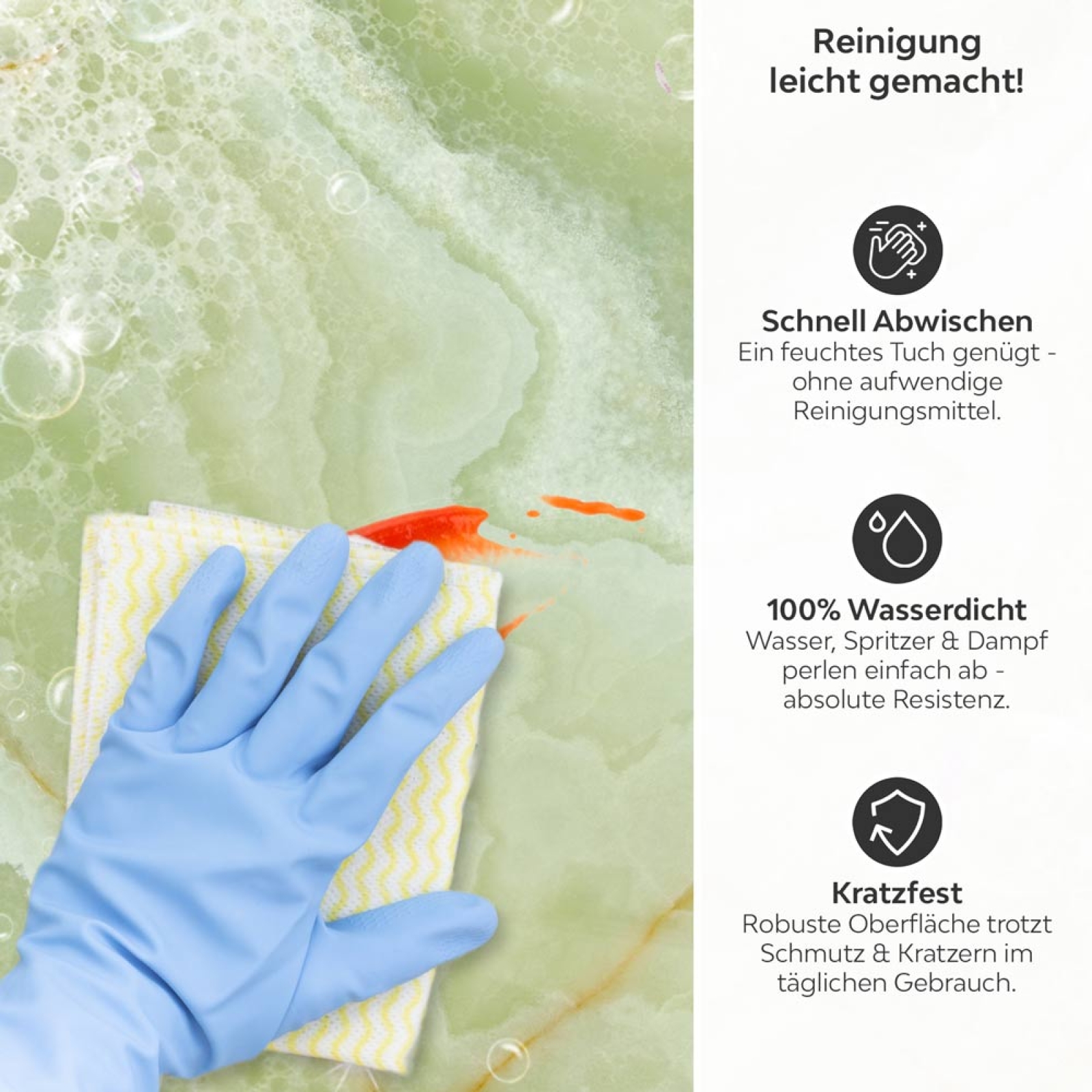 Küchenrückwand Platte Smaragd Grüner Marmoroptik Produktdetailbild 3: Reinigung leicht gemacht!