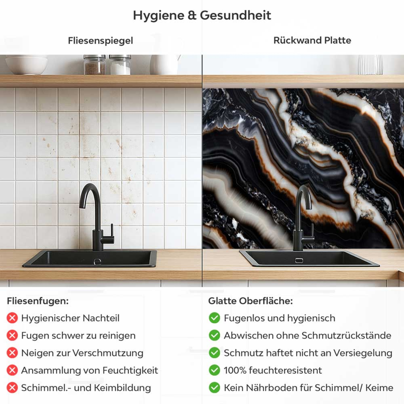 Küchenrückwand Platte Schwarzer Luxus Marmor Produktdetailbild 2: Hygiene und Gesundheit!
