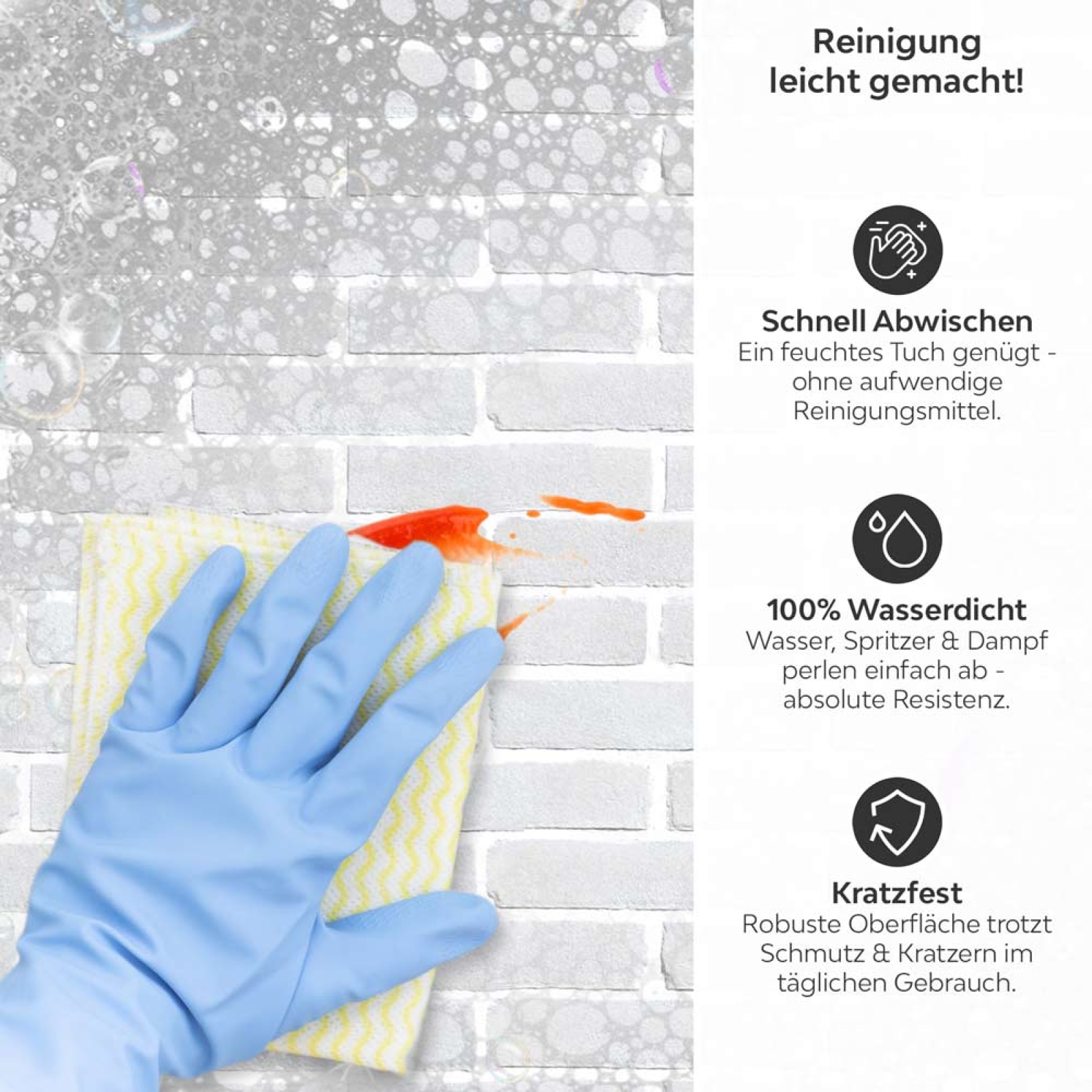 Küchenrückwand Platte Weiße Ziegelstein Optik Produktdetailbild 3: Reinigung leicht gemacht!