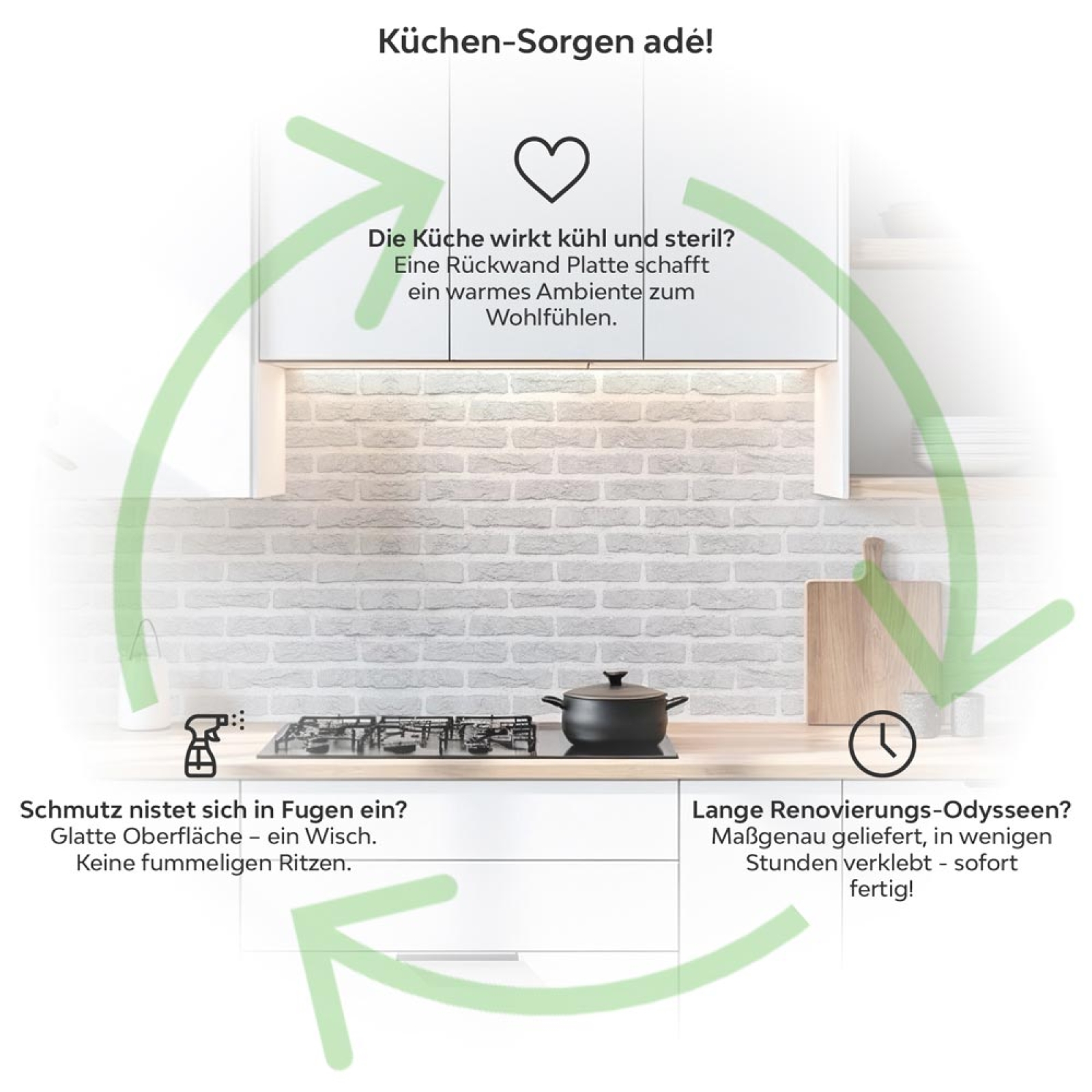 Küchenrückwand Platte Helle Backsteine Produktdetailbild 1: Küchen-Sorgen ade!