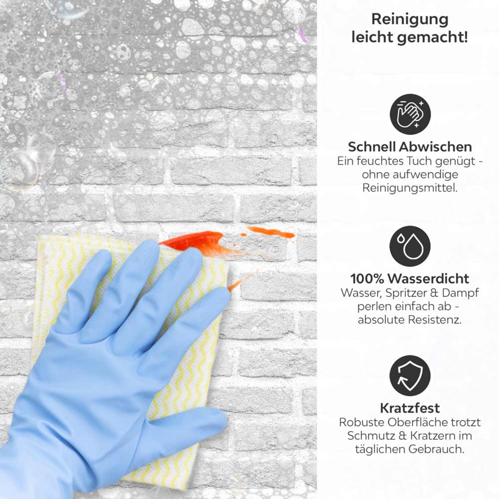 Küchenrückwand Platte Helle Backsteine Produktdetailbild 3: Reinigung leicht gemacht!