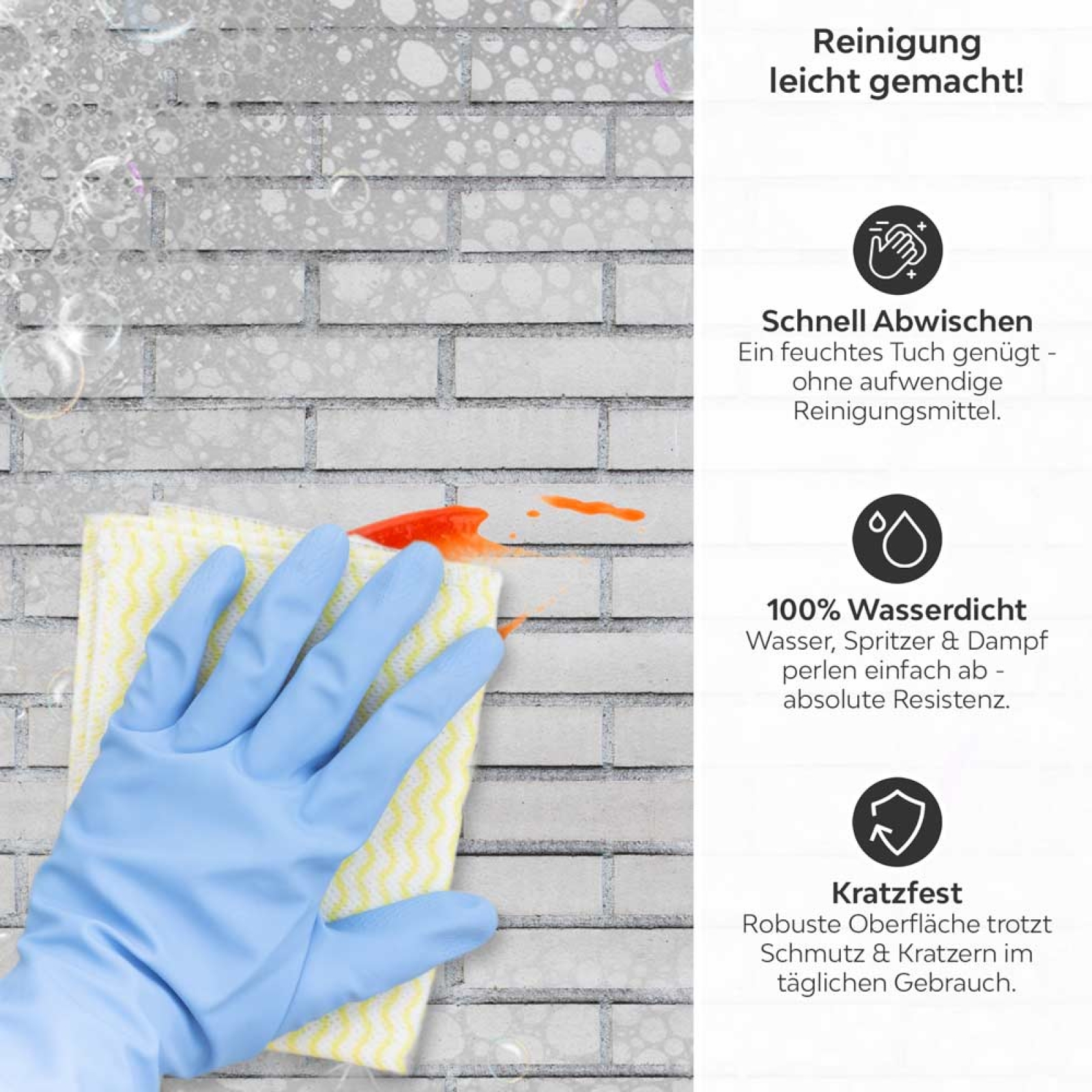 Küchenrückwand Platte Schmale Ziegelstein Ambiente Produktdetailbild 3: Reinigung leicht gemacht!