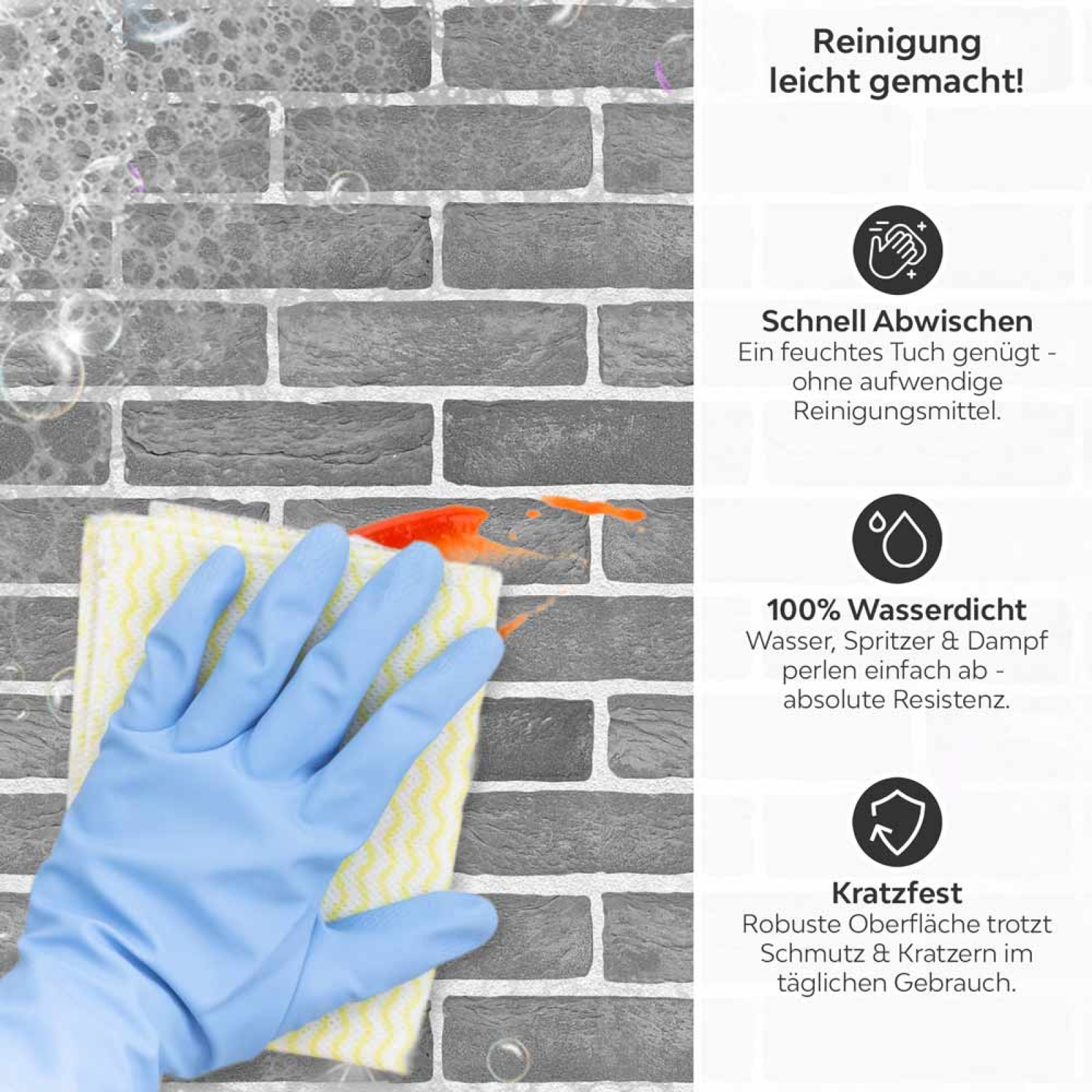 Küchenrückwand Platte Urbanes Ziegel Design Produktdetailbild 3: Reinigung leicht gemacht!