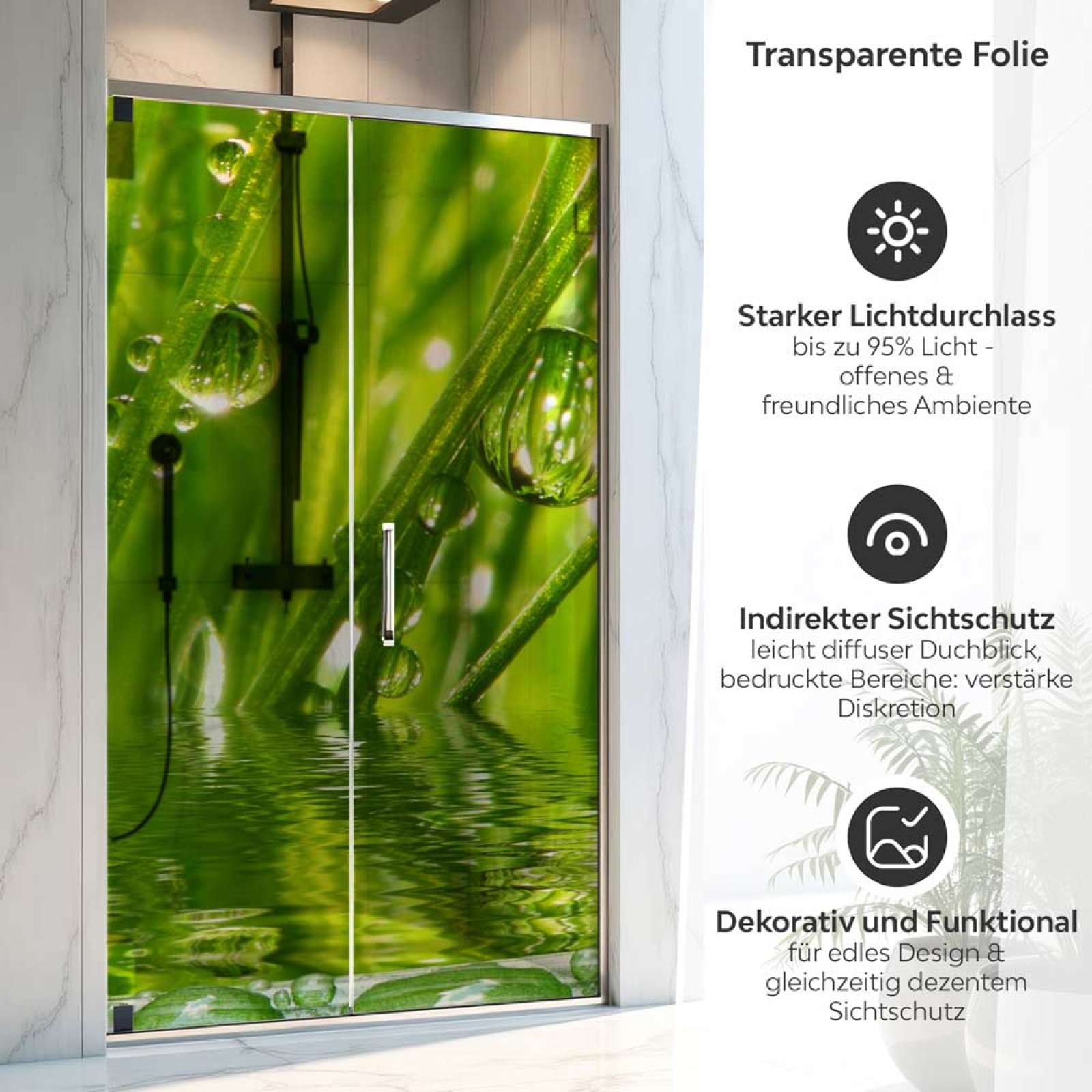 Sichtschutzfolie Dusche | Grashalme mit klaren Wasserperle