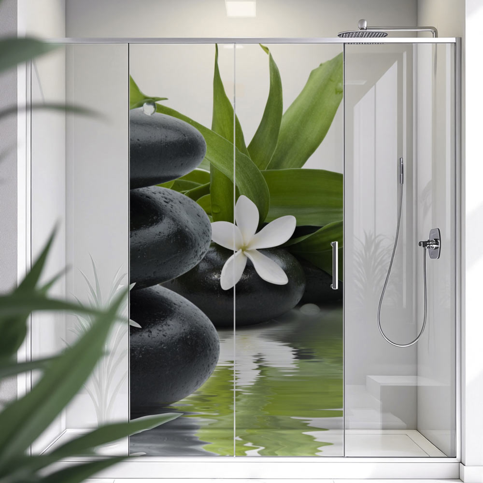 Sichtschutzfolie Dusche | SPA Steinbalance mit Blüte und Bambusblatt