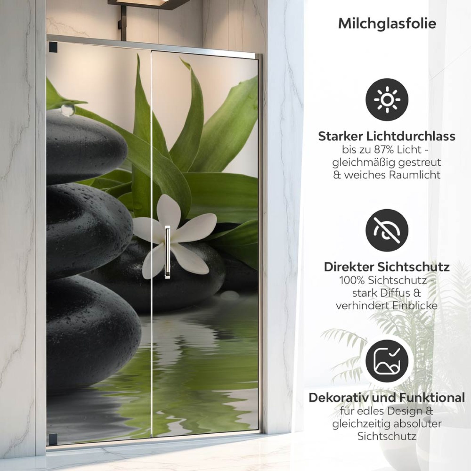Sichtschutzfolie Dusche | SPA Steinbalance mit Blüte und Bambusblatt