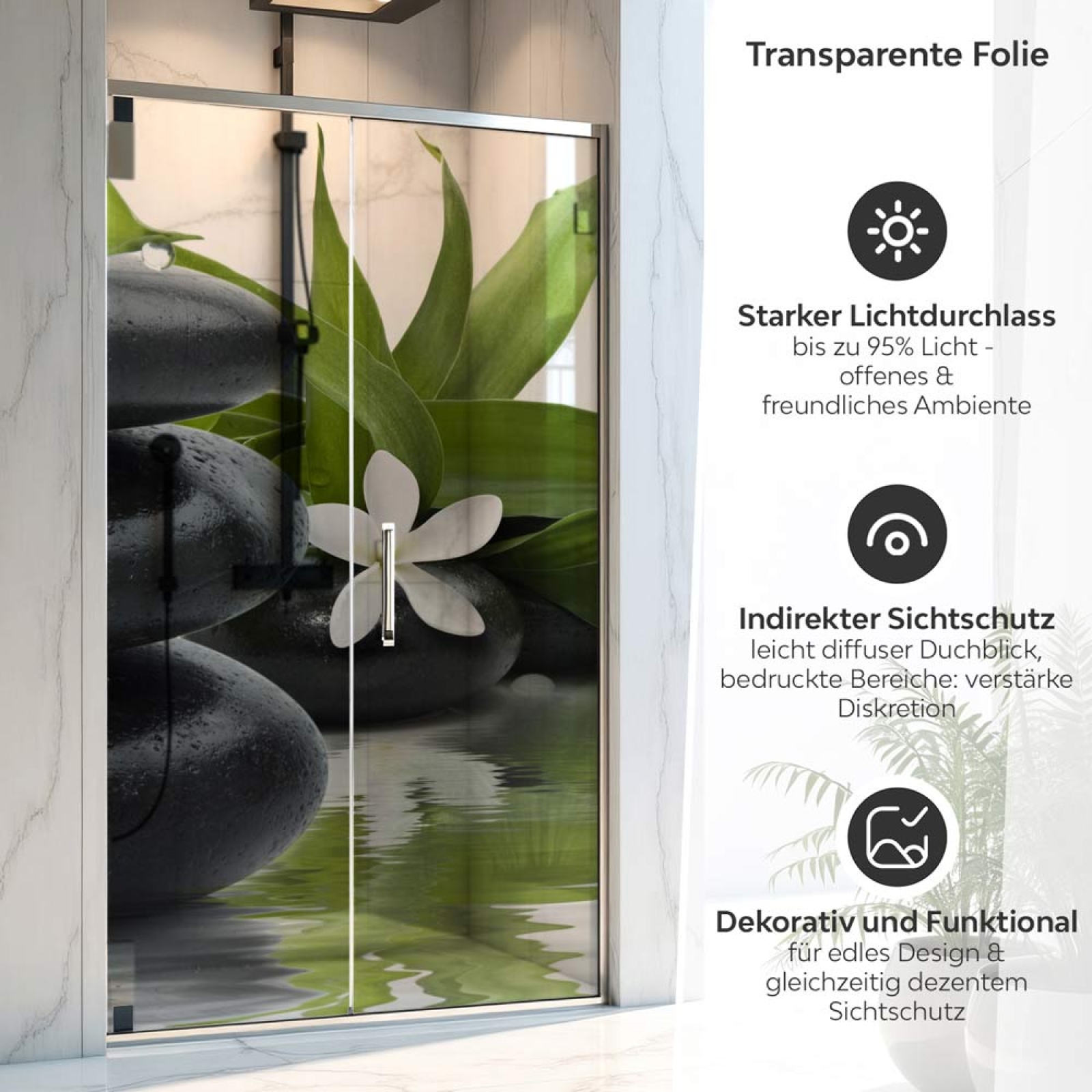 Sichtschutzfolie Dusche | SPA Steinbalance mit Blüte und Bambusblatt
