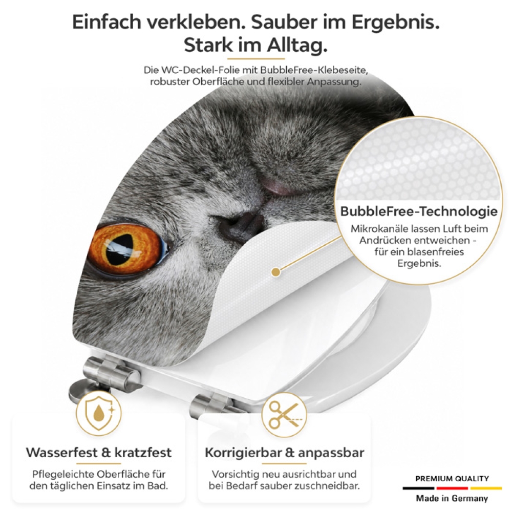WC-Deckel Aufkleber graue Katze mit orangenen Augen Detailbild der Folie