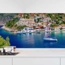 Mobile Preview: Küchenrückwand Folie Segelschiff vor buntem Küstendorf Hauptbild 1