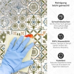 Mobile Preview: Küchenrückwand Platte Olivgrün‑Weiß Mediterranes Fliesenmuster Produktdetailbild 3: Reinigung leicht gemacht!