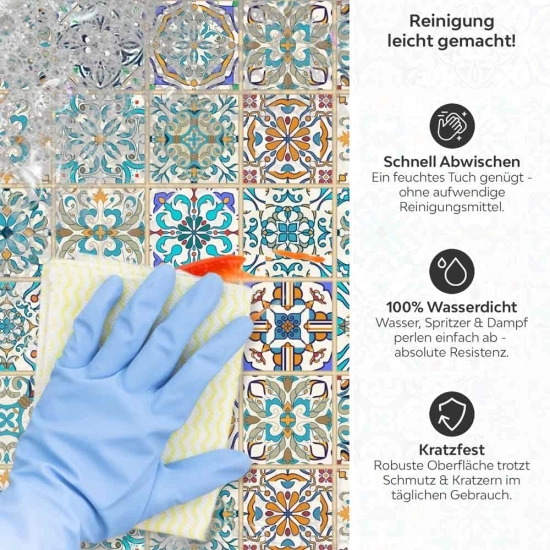 Mobile Preview: Küchenrückwand Platte Portugiesische Mediterranoptik Produktdetailbild 3: Reinigung leicht gemacht!