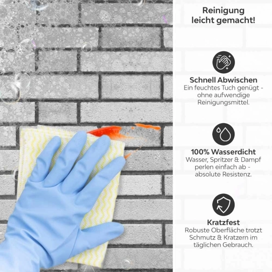 Mobile Preview: Küchenrückwand Platte Graue Backsteinoptik Produktdetailbild 3: Reinigung leicht gemacht!